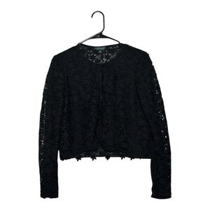 Lauren Ralph Lauren Black Floral Lace‎ Cropped Top Cardigan Sheer Sleeve  Size M